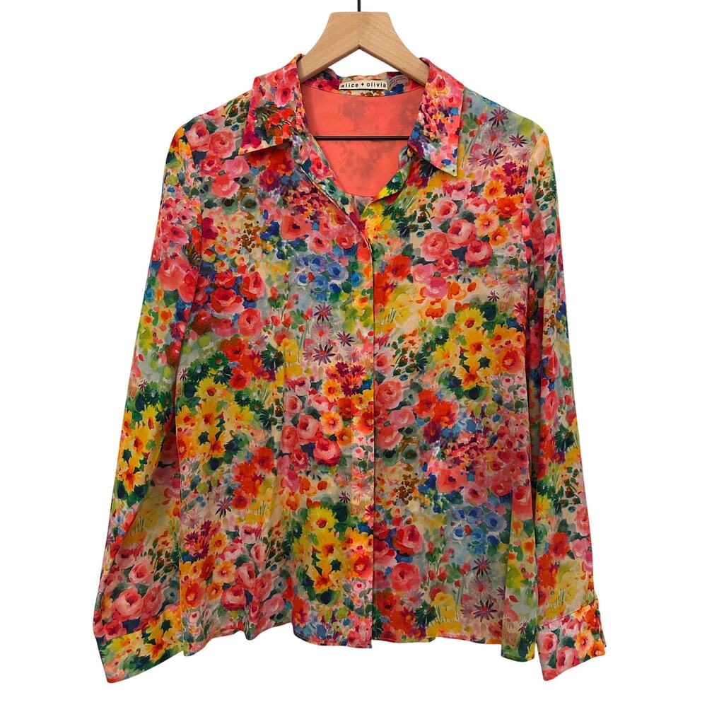 ALICE & OLIVIA NWOT Willa 100% Silk Floral Button Up Blouse Shirt – Large
